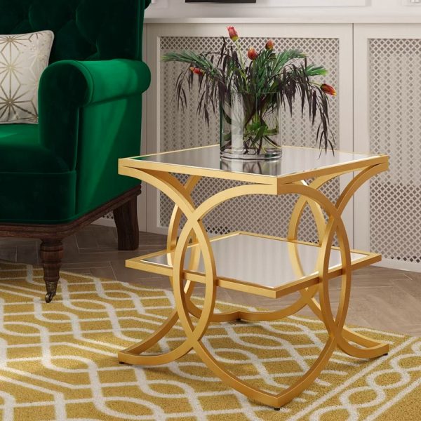 Small Art Deco Style Gold Side Table With Mirrored Top Square