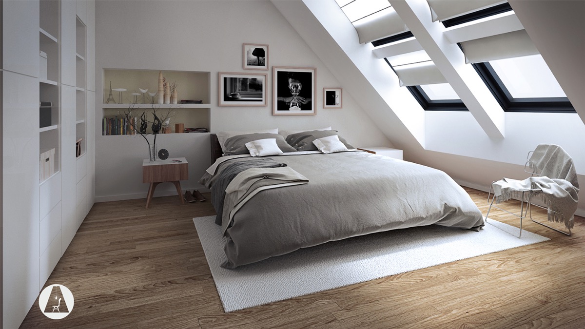 all white attic bedroom slanted windows with white covers