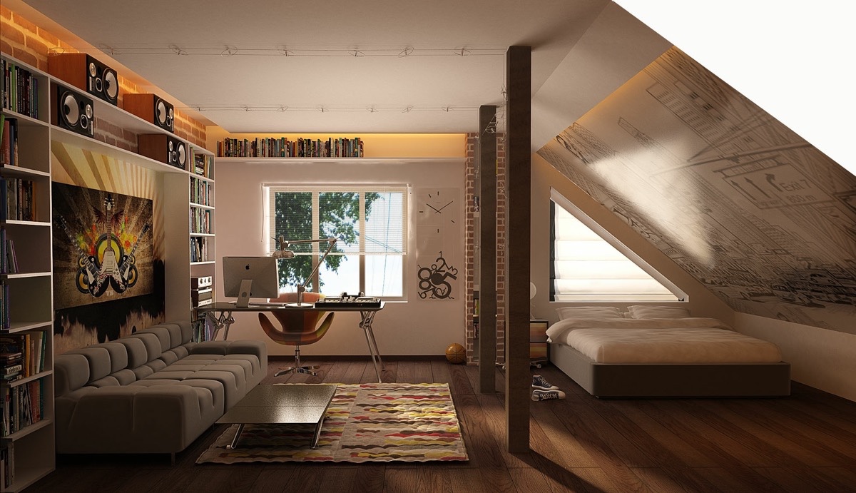 attic bedroom wall mural couch office space built in bookshelves exposed brick