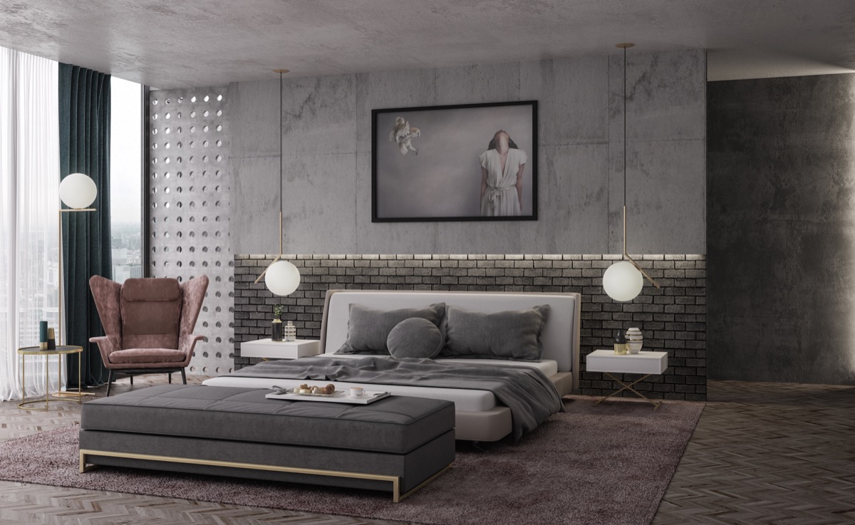 concrete and exposed brick contemporary bedroom