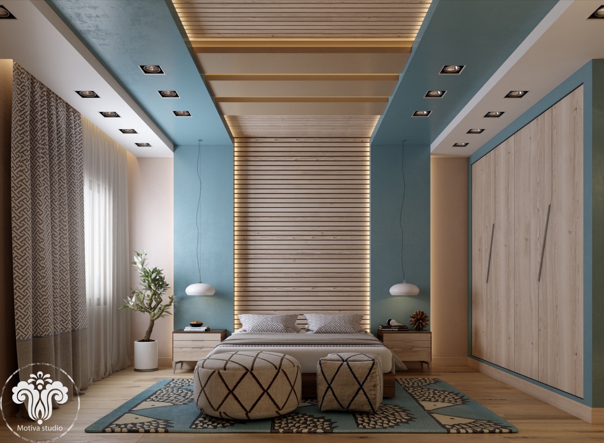 light blue and wood bedroom color palette