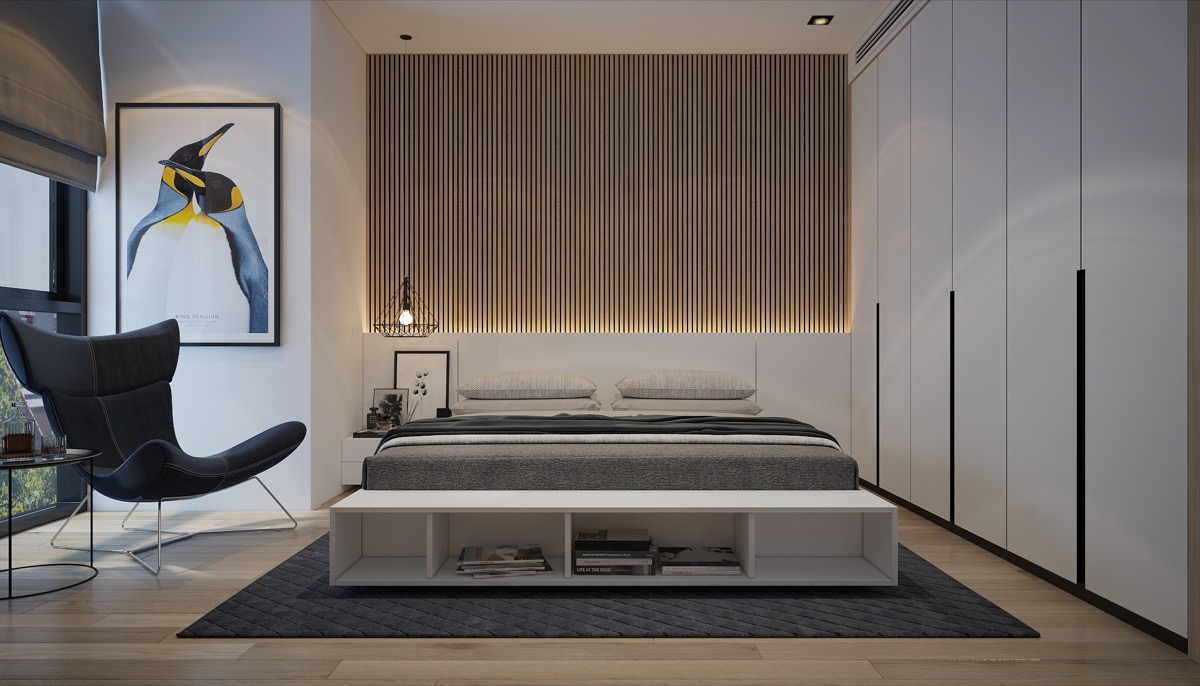 thin vertical wood slats for bedroom accent wall