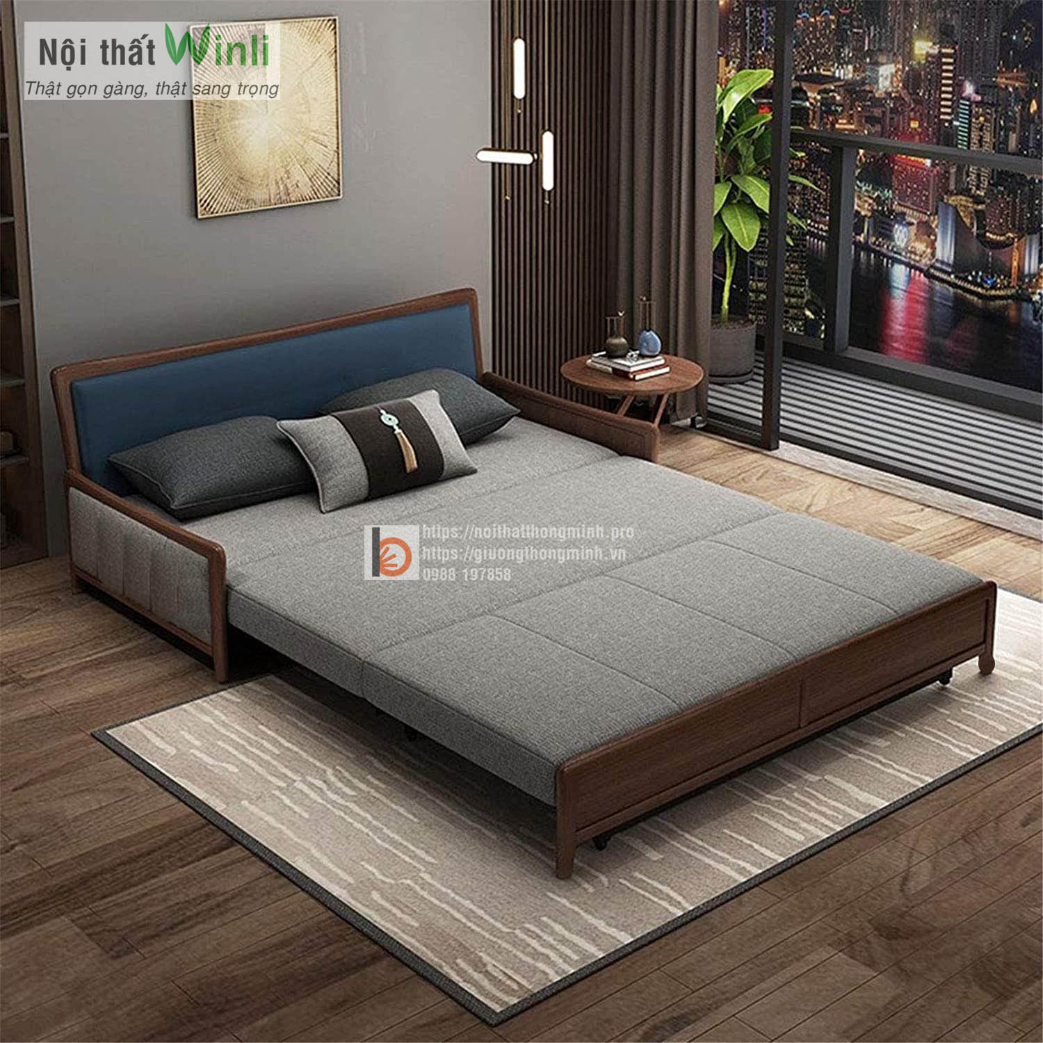 Sofa giường thông minh nan sắt tay gỗ bọc nỉ-TGT