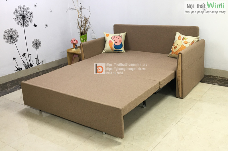Sofa giường thông minh nan sắt tay gỗ tam giác-TTG