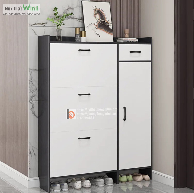 Tủ giày 3 tầng 2 ngăn màu trắng phối xám đẹp