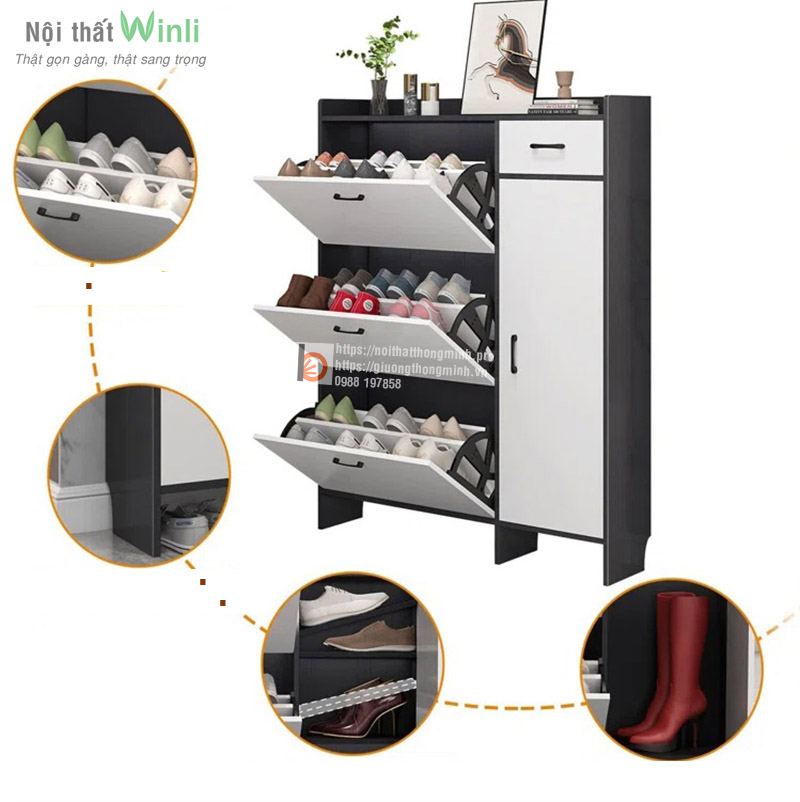 Tủ giày 3 tầng 2 ngăn màu trắng phối xám đẹp