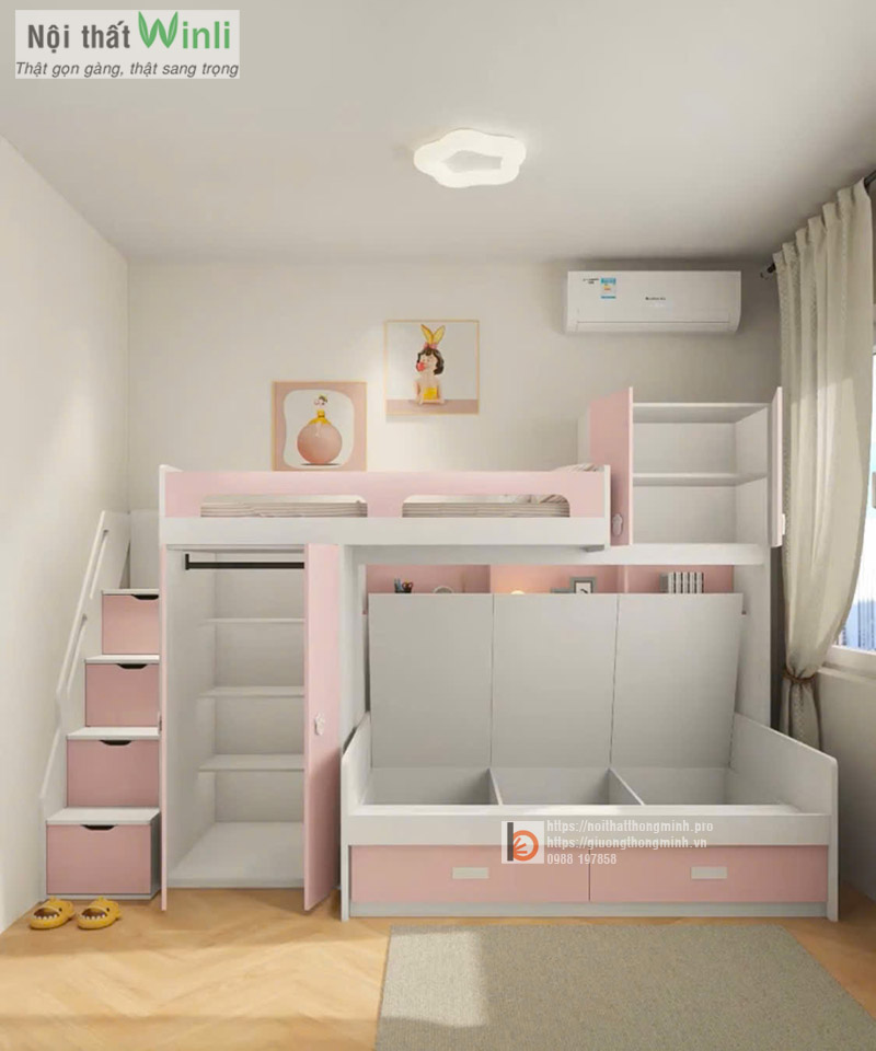 Giường tầng thông minh kèm tủ màu hồng cho bé gái