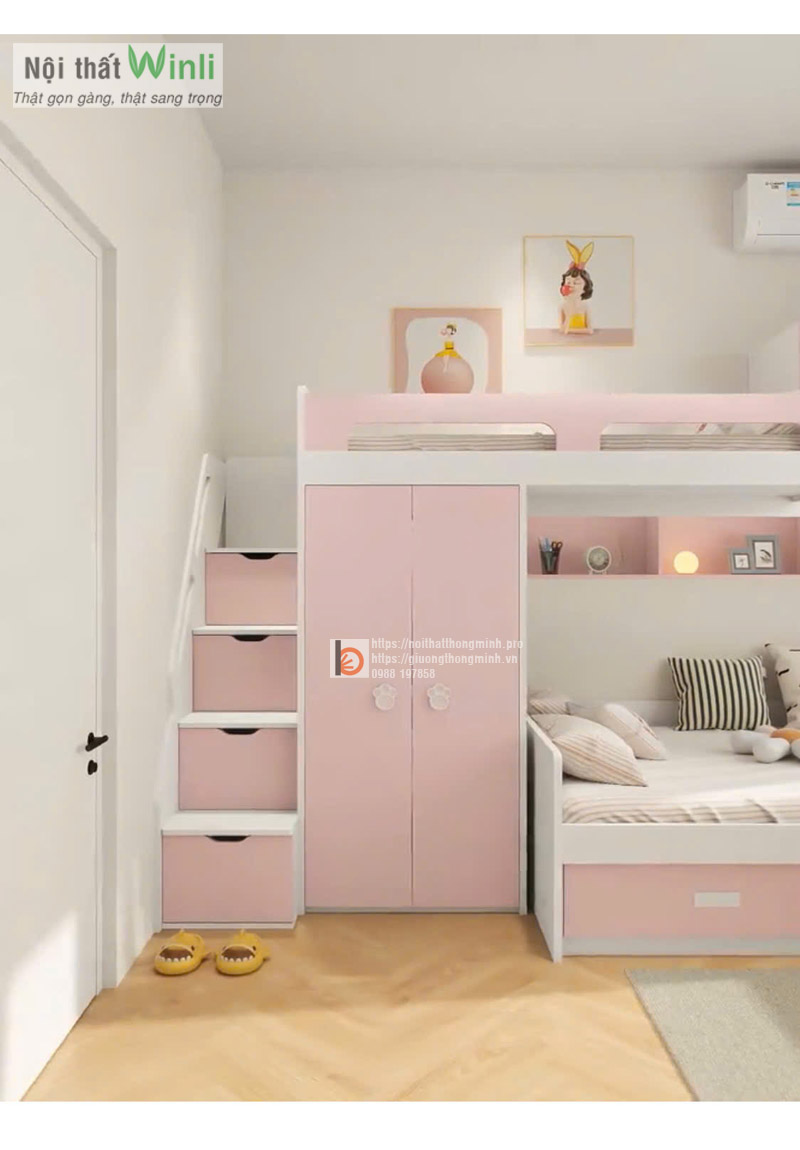 Giường tầng thông minh kèm tủ màu hồng cho bé gái